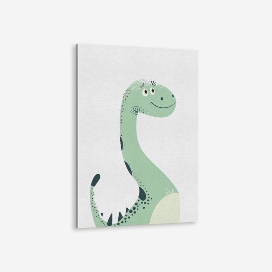 Poster infantil com um dinossauro verde sorridente, perfeito para decoração de quartos de bebé e crianças. 5